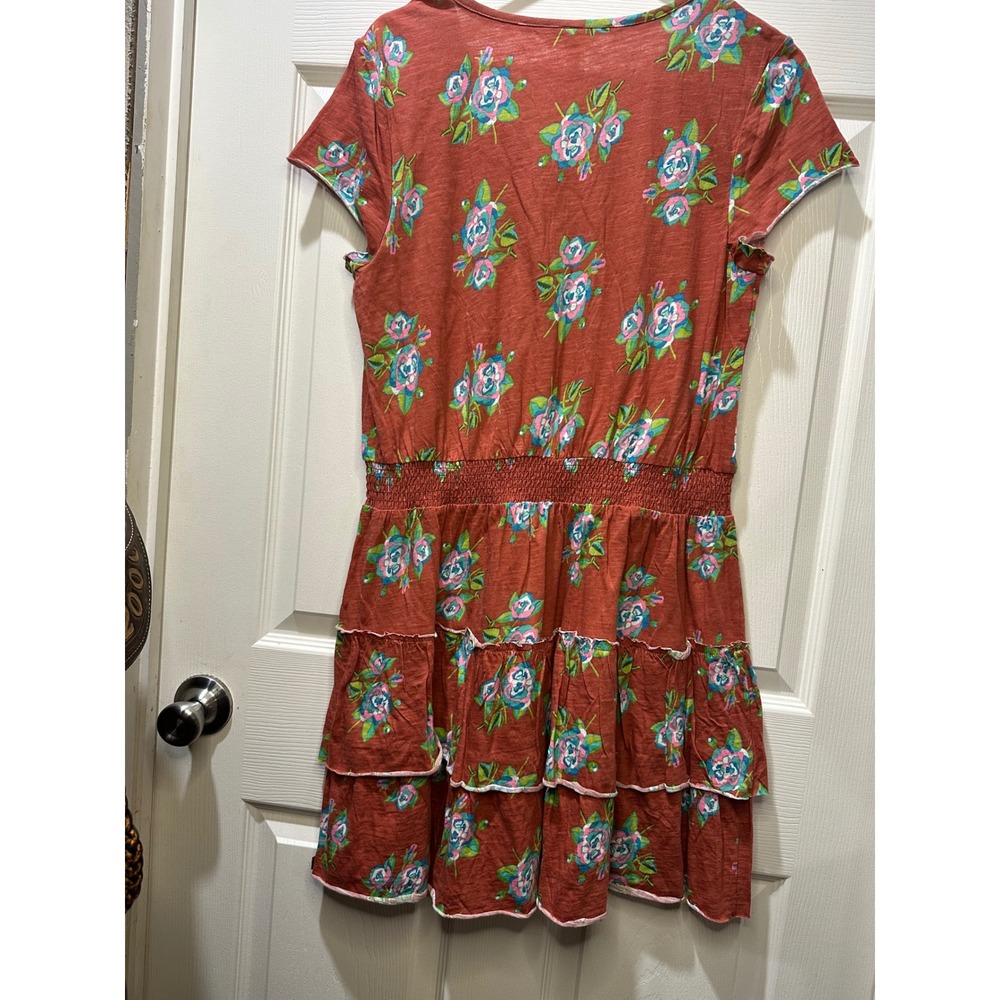 Matilda Jane Floral Tiered Dress Rust Pink Blue Bloom Short Sleeve V‎ Neck M - Picture 5 of 6